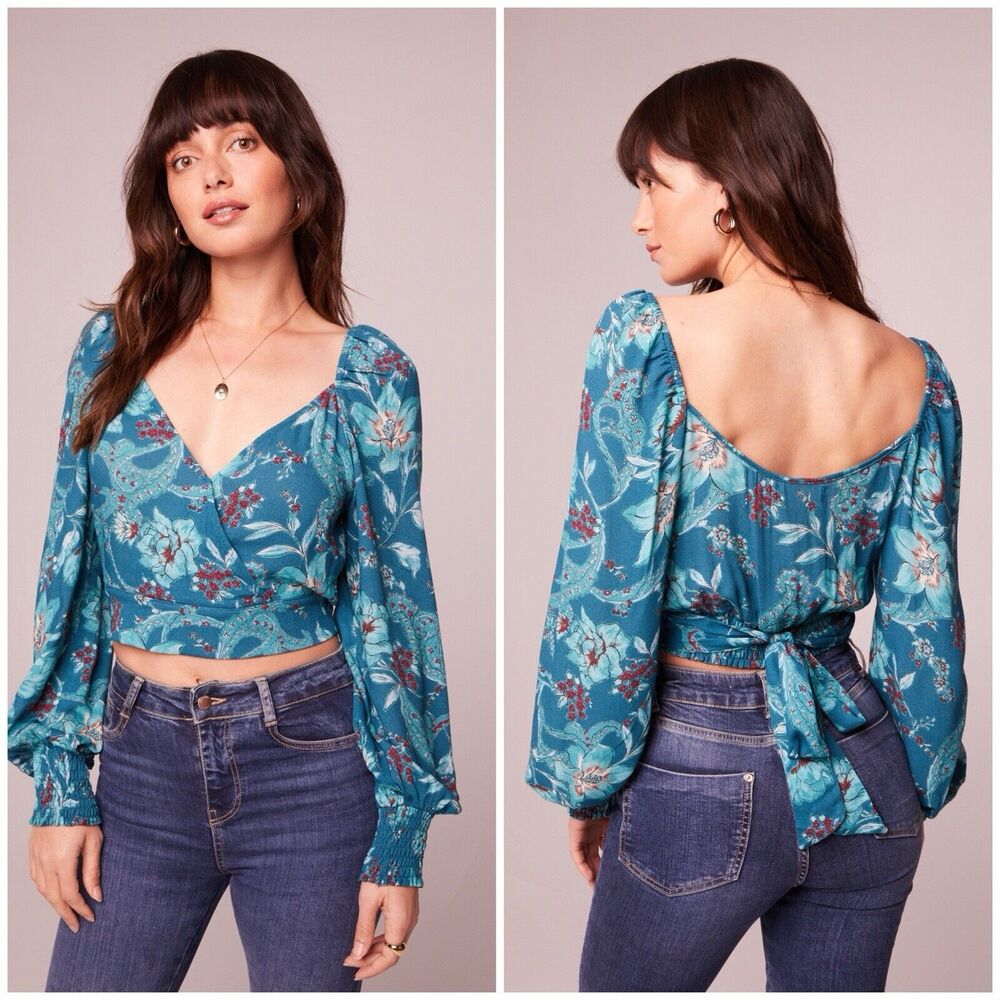 Band of the Free Sybille Teal Floral Wrap Crop Top Women, Size S NWT‎